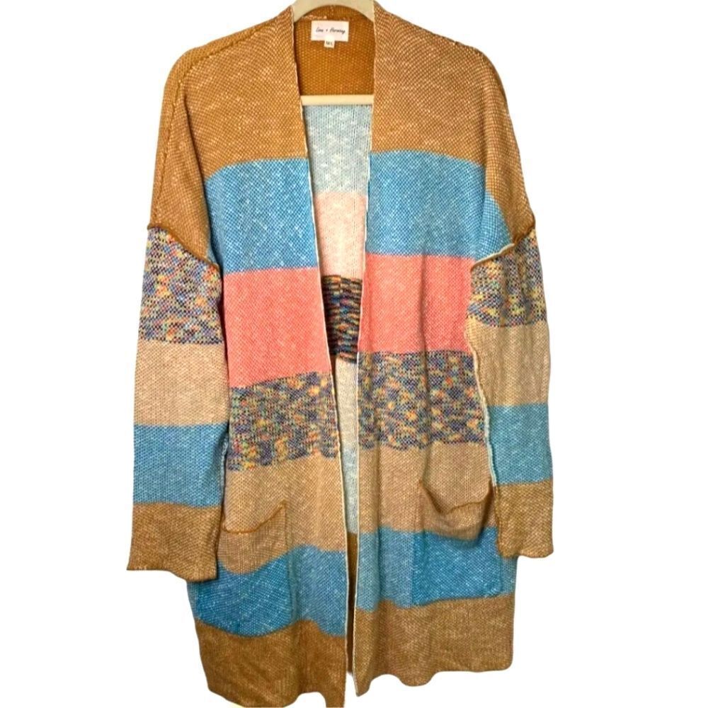 Love and Harmony Blue Brown Multicolored Cardigan Open Front Sweater Sz M/L